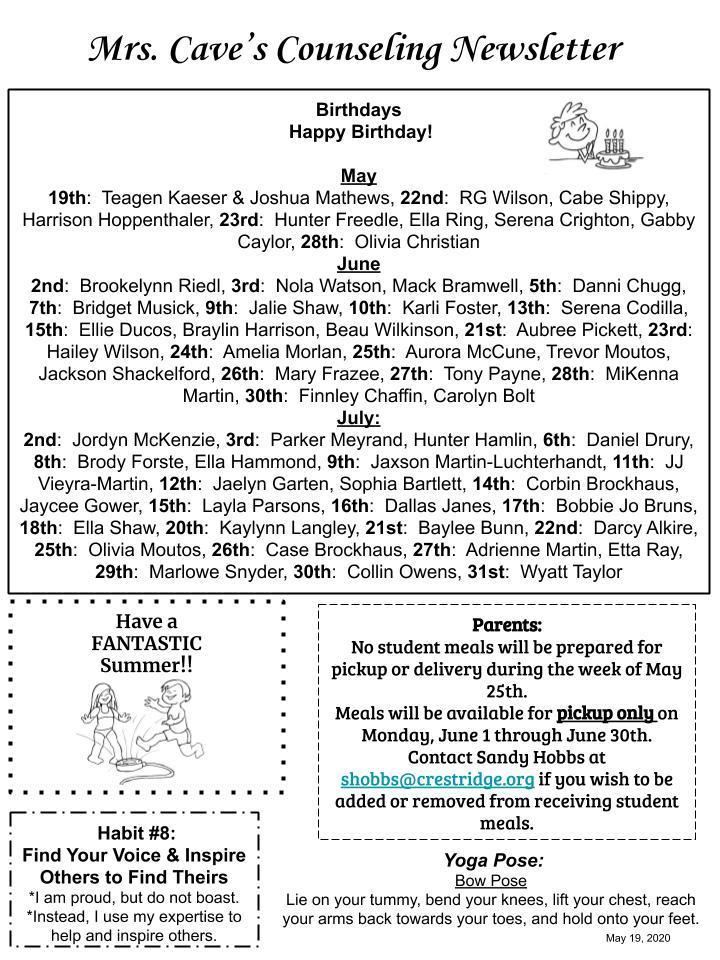 Mrs. Cave's May 19th Counseling Newsletter