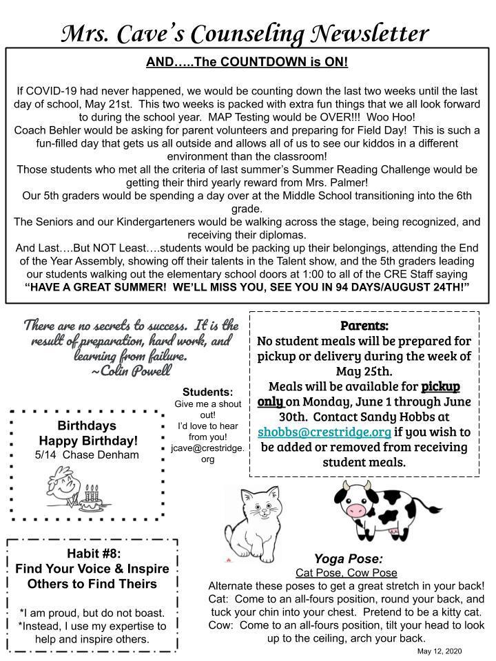 Mrs. Cave's May 12th Counseling Newsletter