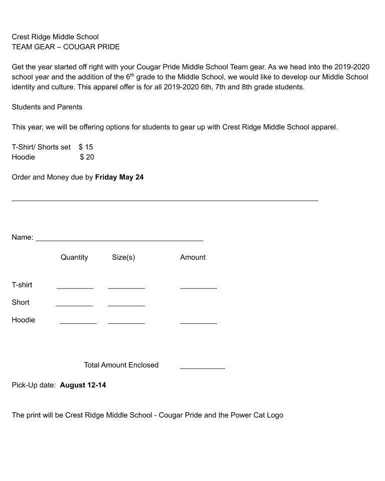Cougar Wear order form