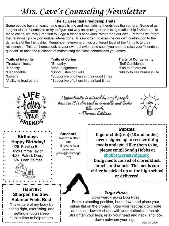 Mrs. Cave's April 28th Counseling Newsletter