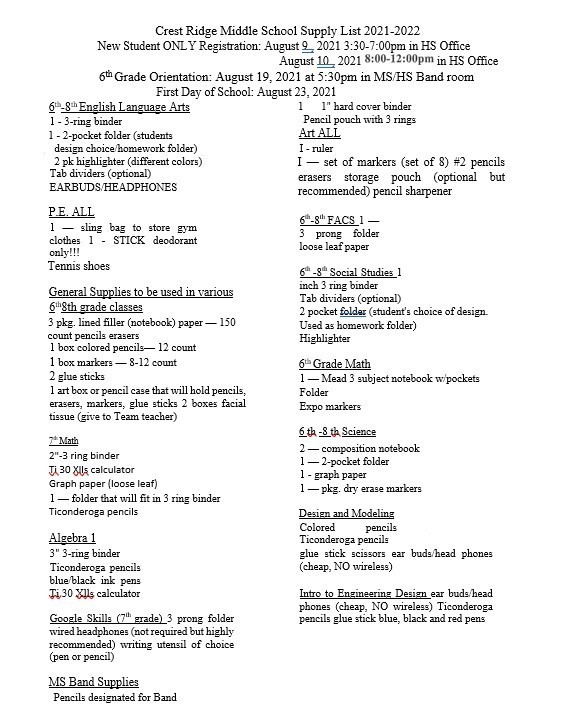 Crest Ridge MS Supply List 2021_2022