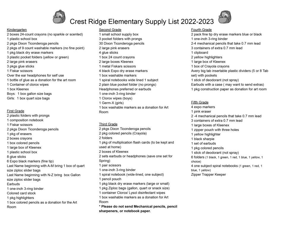 UPDATED School Supply List CRE 2022-2023